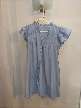 Light Blue Ruffle Trim Flutter Sleeve Dress